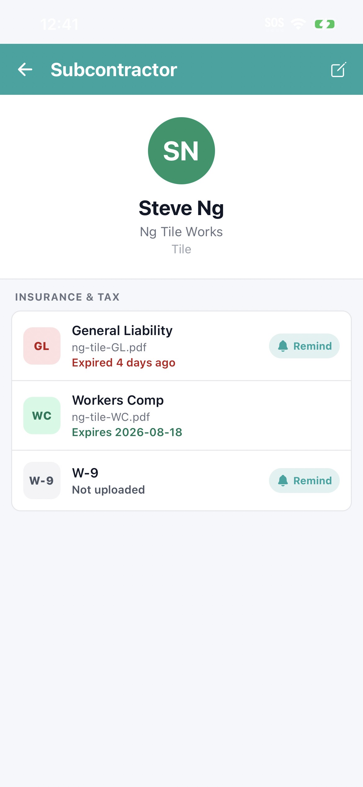 Workhand home dashboard with COI alert
