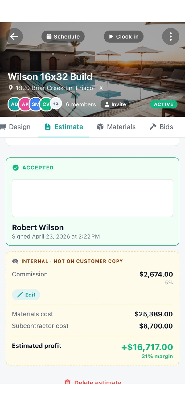 Workhand accepted estimate with margin visibility