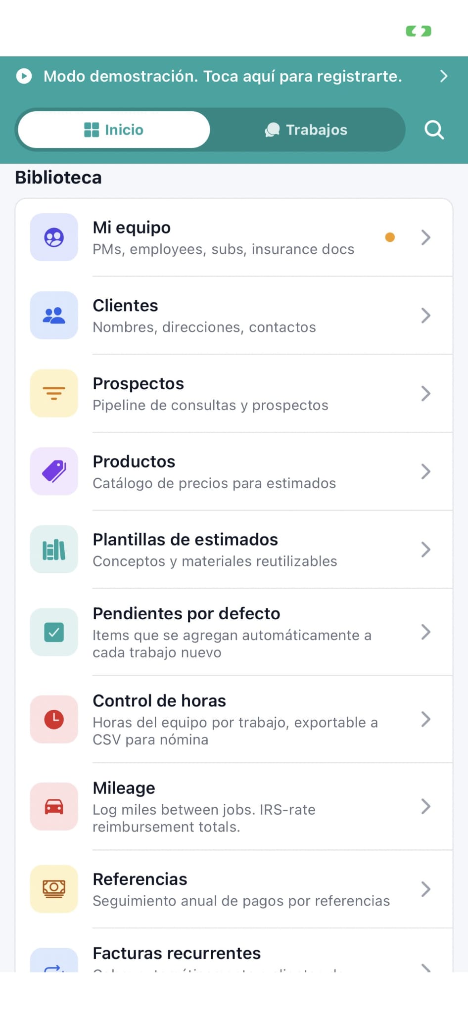 Workhand mobile app Home tab in Spanish