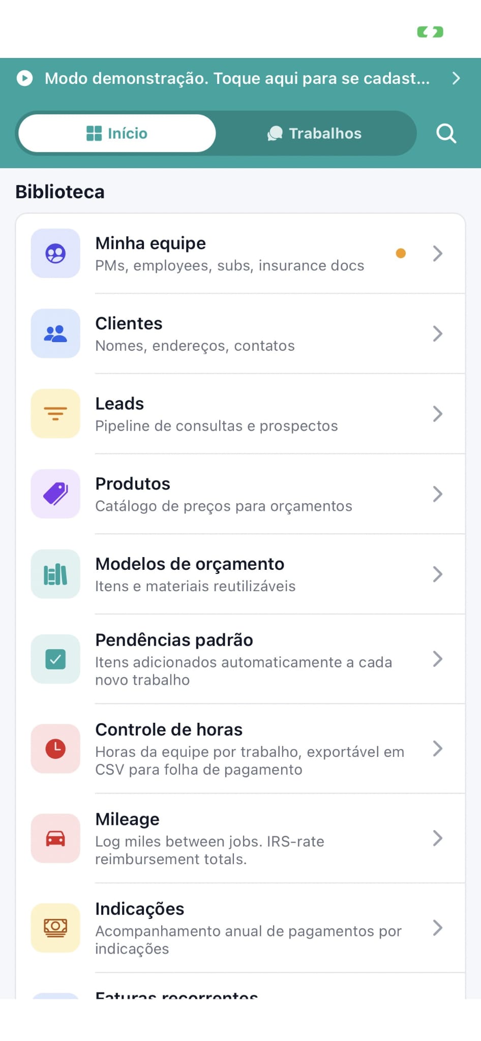 Workhand mobile app Home tab in Brazilian Portuguese