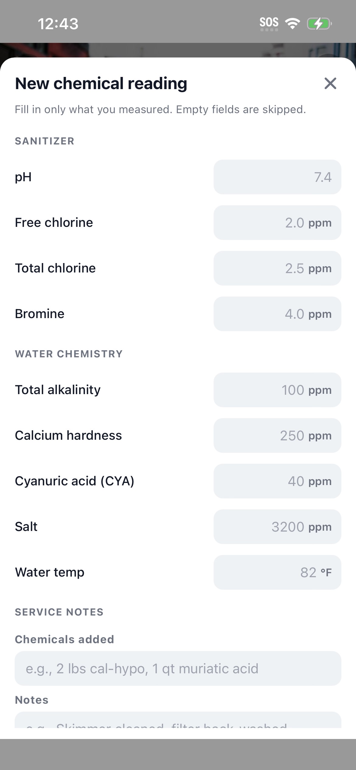 Workhand pool chemical log entry