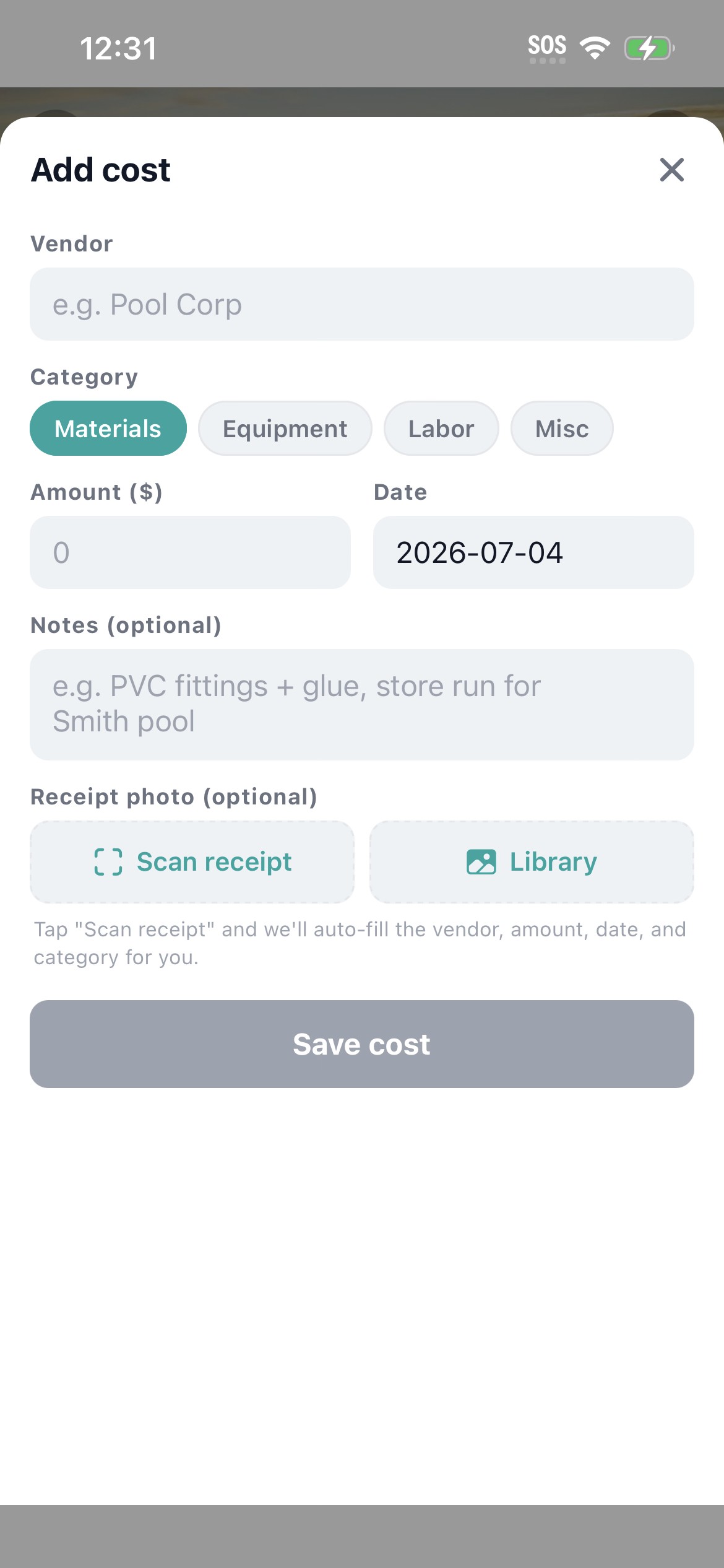 Workhand jobs list with receipt scanner shortcut